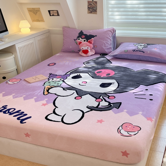 91家纺网 家纺一手货源 找家纺 金爱家 2025新款高克重牛奶绒单品系列保暖床单床笠单件 绒-D冰淇淋甜心库洛米