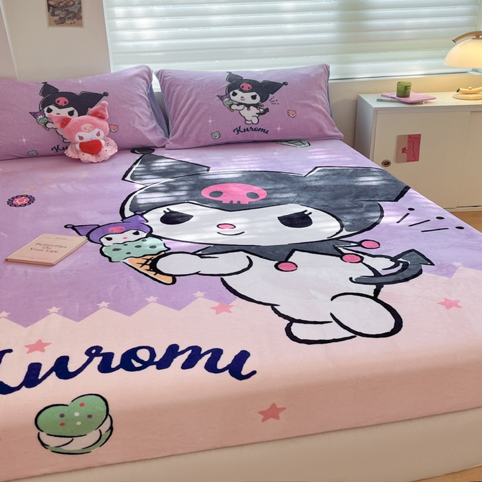 91家纺网 家纺一手货源 找家纺 金爱家 2025新款高克重牛奶绒单品系列保暖床单床笠单件 绒-D冰淇淋甜心库洛米