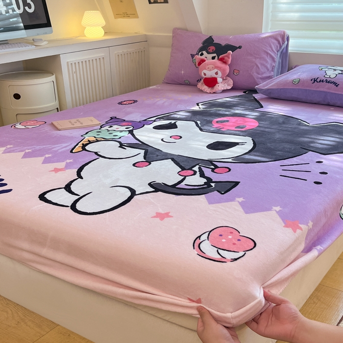 91家纺网 家纺一手货源 找家纺 金爱家 2025新款高克重牛奶绒单品系列保暖床单床笠单件 绒-D冰淇淋甜心库洛米