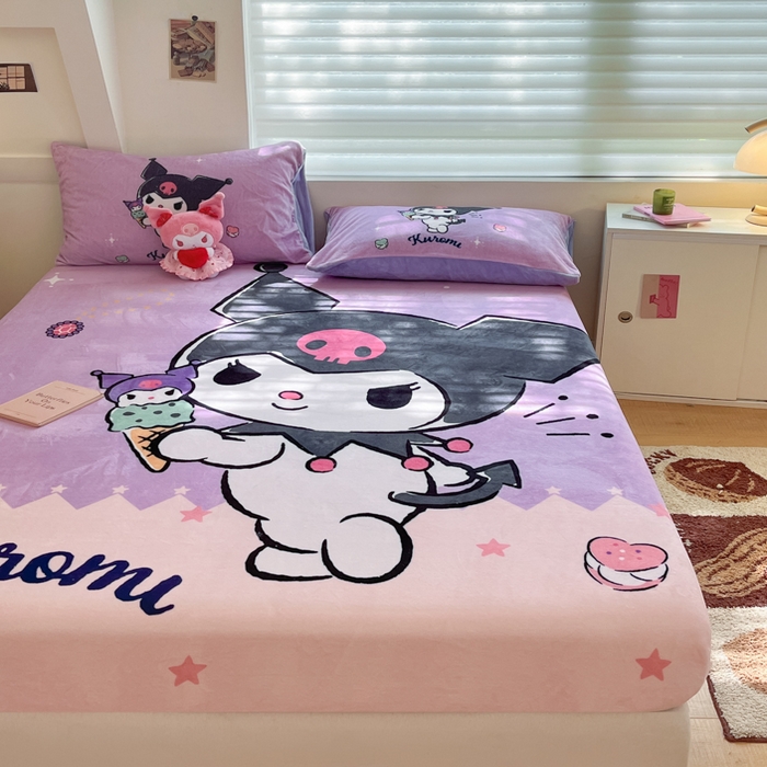 91家纺网 家纺一手货源 找家纺 金爱家 2025新款高克重牛奶绒单品系列保暖床单床笠单件 绒-D冰淇淋甜心库洛米