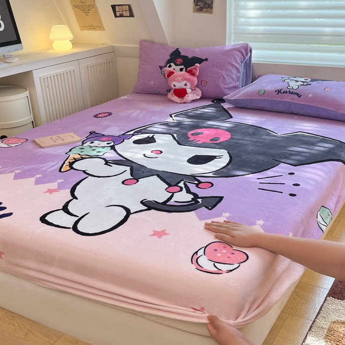 91家纺网 家纺一手货源 找家纺 金爱家 2025新款高克重牛奶绒单品系列保暖床单床笠单件 绒-D冰淇淋甜心库洛米