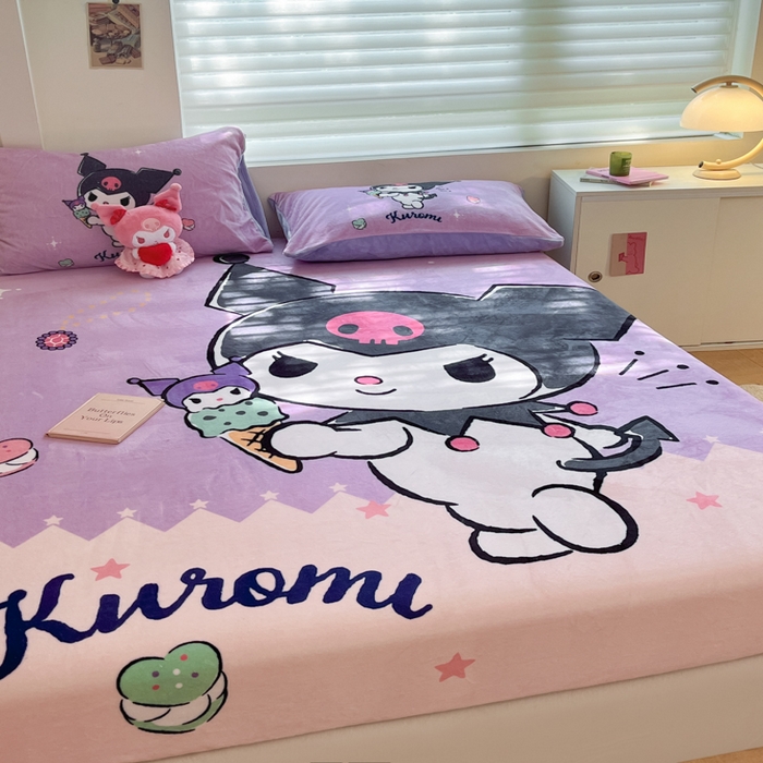 91家纺网 家纺一手货源 找家纺 金爱家 2025新款高克重牛奶绒单品系列保暖床单床笠单件 绒-D冰淇淋甜心库洛米