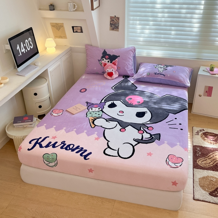 91家纺网 家纺一手货源 找家纺 金爱家 2025新款高克重牛奶绒单品系列保暖床单床笠单件 绒-D冰淇淋甜心库洛米