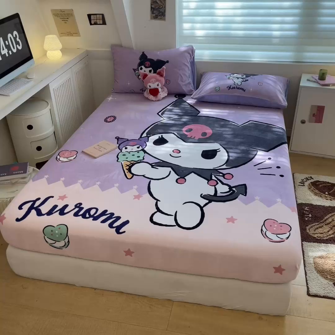 91家纺网 家纺一手货源 找家纺 金爱家 2025新款高克重牛奶绒单品系列保暖床单床笠单件 绒-D冰淇淋甜心库洛米