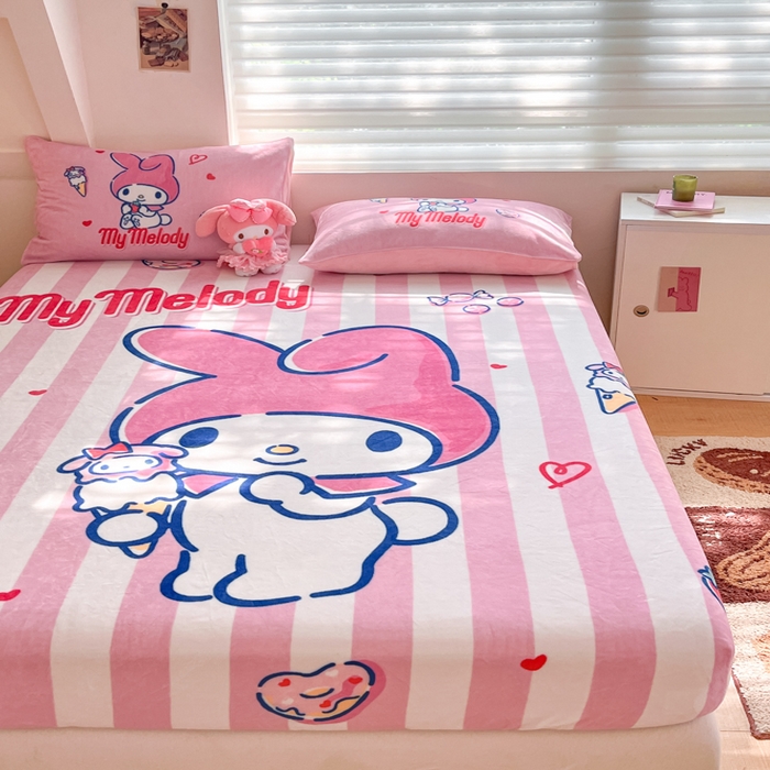 91家纺网 家纺一手货源 找家纺 金爱家 2025新款高克重牛奶绒单品系列保暖床单床笠单件 绒-D草莓冰淇淋美乐蒂