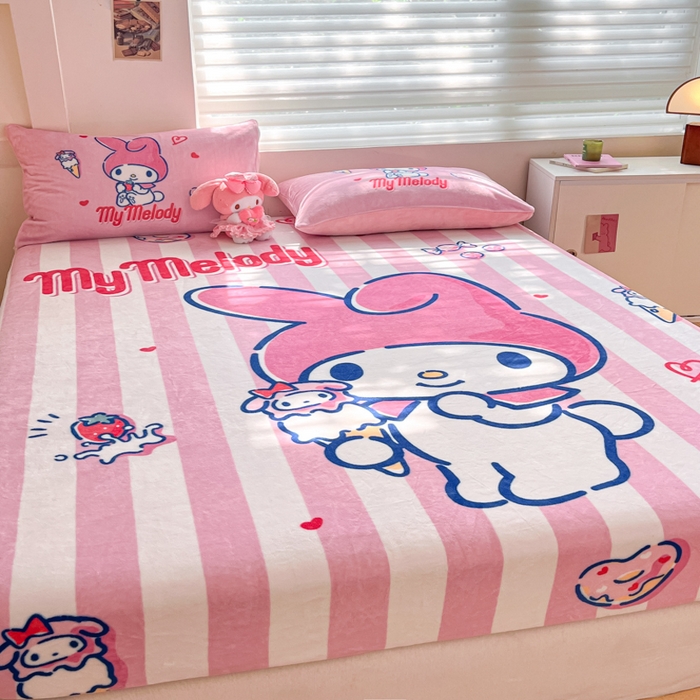 91家纺网 家纺一手货源 找家纺 金爱家 2025新款高克重牛奶绒单品系列保暖床单床笠单件 绒-D草莓冰淇淋美乐蒂