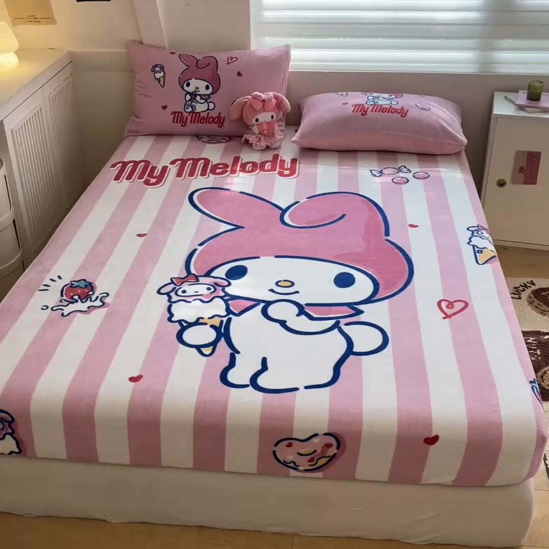 91家纺网 家纺一手货源 找家纺 金爱家 2025新款高克重牛奶绒单品系列保暖床单床笠单件 绒-D草莓冰淇淋美乐蒂