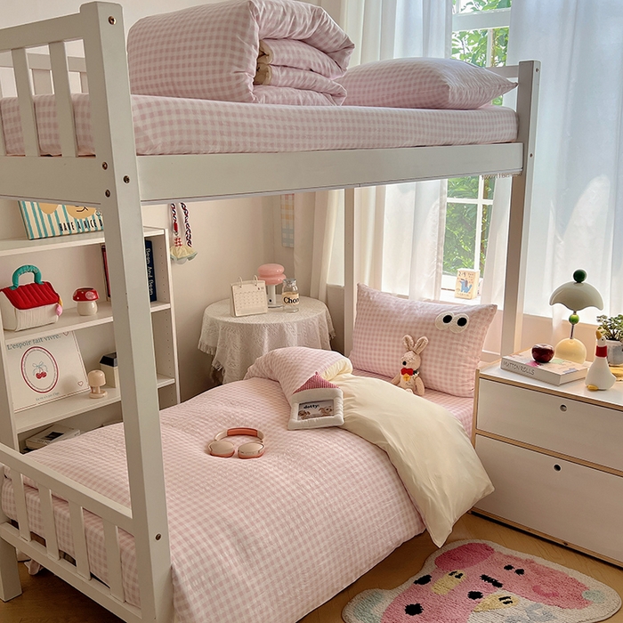 桃心家居 2025新款A类学生床三件套亲肤舒适软糯云柔水洗棉大眼睛毛巾绣混搭格子撞色系列四件套 云柔水洗棉-大眼粉小格奶黄