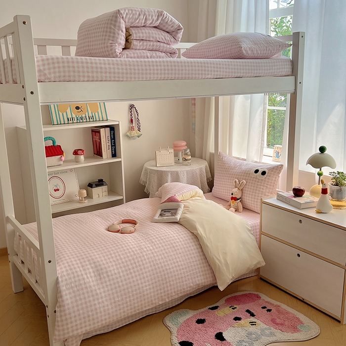 91家纺网 家纺一手货源 找家纺 桃心家居 2025新款A类学生床三件套亲肤舒适软糯云柔水洗棉大眼睛毛巾绣混搭格子撞色系列四件套 云柔水洗棉-大眼粉小格奶黄