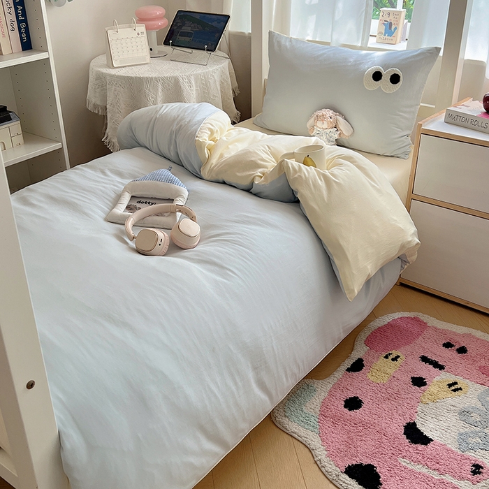 91家纺网 家纺一手货源 找家纺 桃心家居 2025新款A类学生床三件套亲肤舒适软糯云柔水洗棉大眼睛毛巾绣混搭格子撞色系列四件套 云柔水洗棉-大眼海盐奶黄