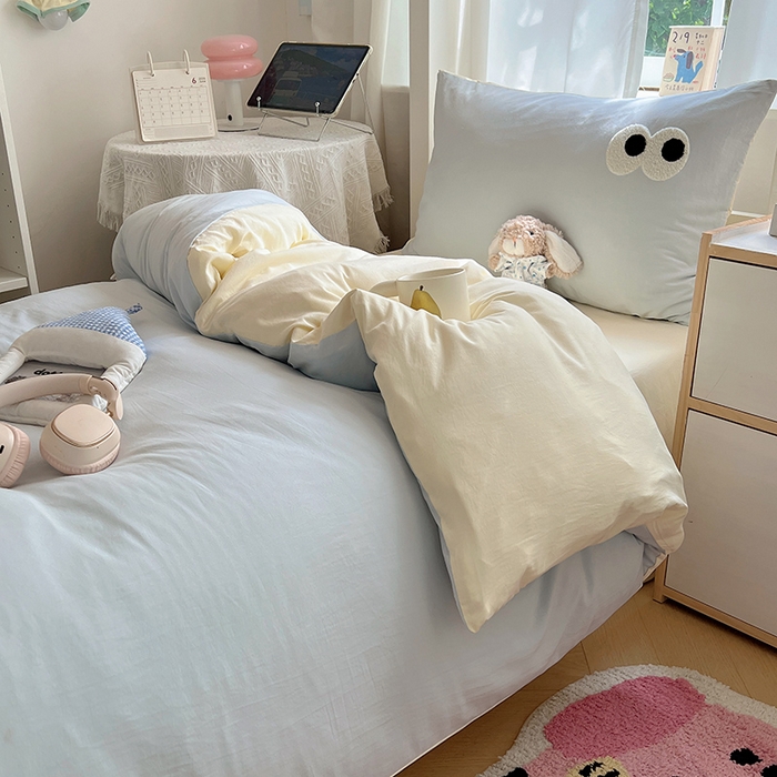 91家纺网 家纺一手货源 找家纺 桃心家居 2025新款A类学生床三件套亲肤舒适软糯云柔水洗棉大眼睛毛巾绣混搭格子撞色系列四件套 云柔水洗棉-大眼海盐奶黄