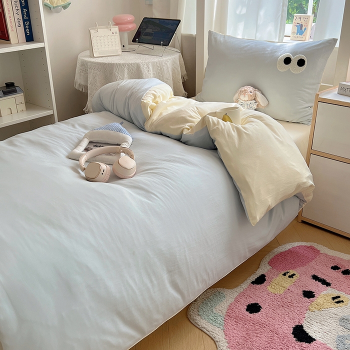 91家纺网 家纺一手货源 找家纺 桃心家居 2025新款A类学生床三件套亲肤舒适软糯云柔水洗棉大眼睛毛巾绣混搭格子撞色系列四件套 云柔水洗棉-大眼海盐奶黄