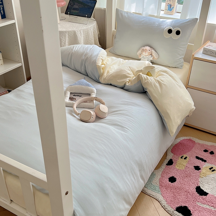 91家纺网 家纺一手货源 找家纺 桃心家居 2025新款A类学生床三件套亲肤舒适软糯云柔水洗棉大眼睛毛巾绣混搭格子撞色系列四件套 云柔水洗棉-大眼海盐奶黄