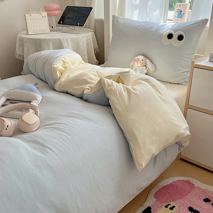 91家纺网 家纺一手货源 找家纺 桃心家居 2025新款A类学生床三件套亲肤舒适软糯云柔水洗棉大眼睛毛巾绣混搭格子撞色系列四件套 云柔水洗棉-大眼海盐奶黄