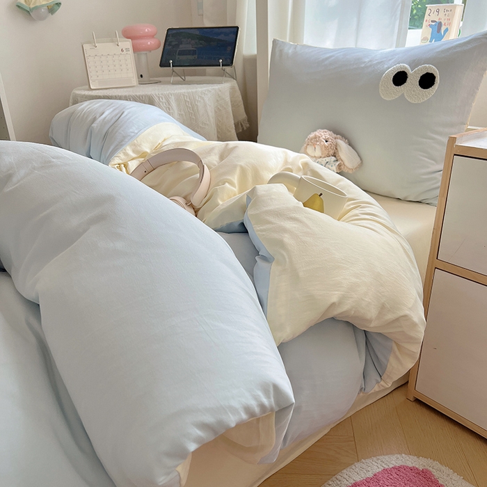 91家纺网 家纺一手货源 找家纺 桃心家居 2025新款A类学生床三件套亲肤舒适软糯云柔水洗棉大眼睛毛巾绣混搭格子撞色系列四件套 云柔水洗棉-大眼海盐奶黄