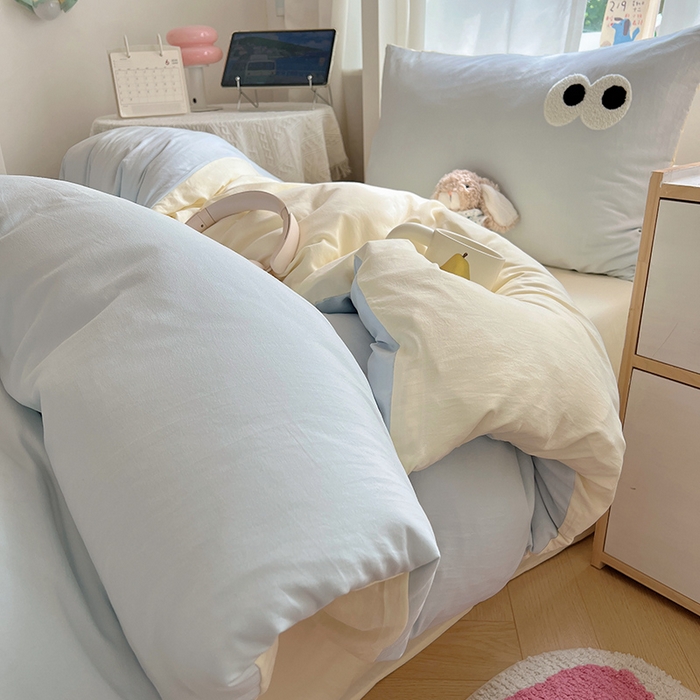 91家纺网 家纺一手货源 找家纺 桃心家居 2025新款A类学生床三件套亲肤舒适软糯云柔水洗棉大眼睛毛巾绣混搭格子撞色系列四件套 云柔水洗棉-大眼海盐奶黄