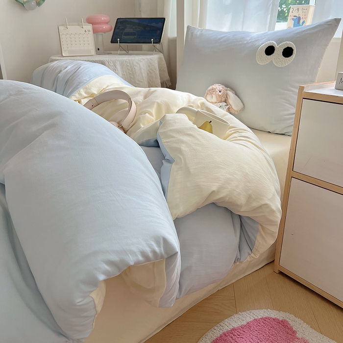 91家纺网 家纺一手货源 找家纺 桃心家居 2025新款A类学生床三件套亲肤舒适软糯云柔水洗棉大眼睛毛巾绣混搭格子撞色系列四件套 云柔水洗棉-大眼海盐奶黄