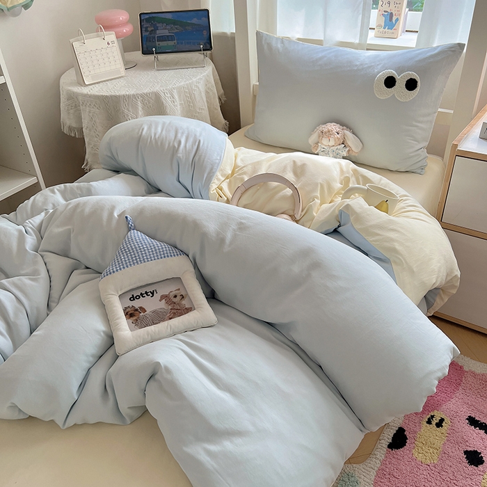 91家纺网 家纺一手货源 找家纺 桃心家居 2025新款A类学生床三件套亲肤舒适软糯云柔水洗棉大眼睛毛巾绣混搭格子撞色系列四件套 云柔水洗棉-大眼海盐奶黄