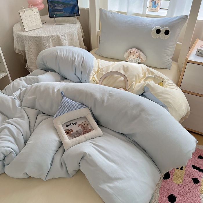 91家纺网 家纺一手货源 找家纺 桃心家居 2025新款A类学生床三件套亲肤舒适软糯云柔水洗棉大眼睛毛巾绣混搭格子撞色系列四件套 云柔水洗棉-大眼海盐奶黄
