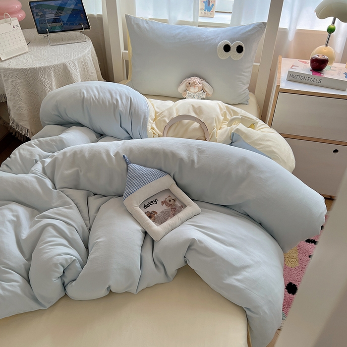 91家纺网 家纺一手货源 找家纺 桃心家居 2025新款A类学生床三件套亲肤舒适软糯云柔水洗棉大眼睛毛巾绣混搭格子撞色系列四件套 云柔水洗棉-大眼海盐奶黄