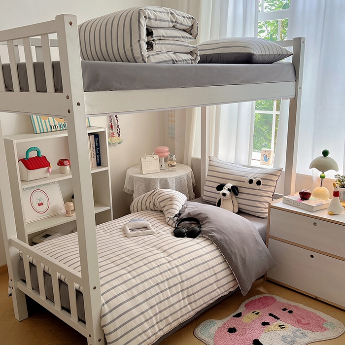 桃心家居 2025新款A类学生床三件套亲肤舒适软糯云柔水洗棉大眼睛毛巾绣混搭格子撞色系列四件套 云柔水洗棉-大眼灰条拿铁