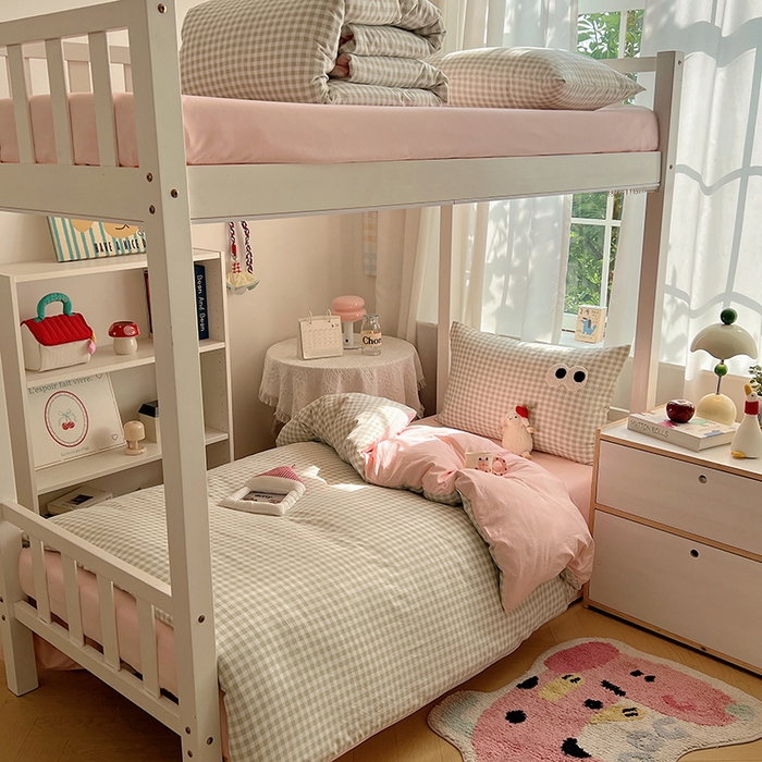 桃心家居 2025新款A类学生床三件套亲肤舒适软糯云柔水洗棉大眼睛毛巾绣混搭格子撞色系列四件套 云柔水洗棉-大眼绿格粉粉