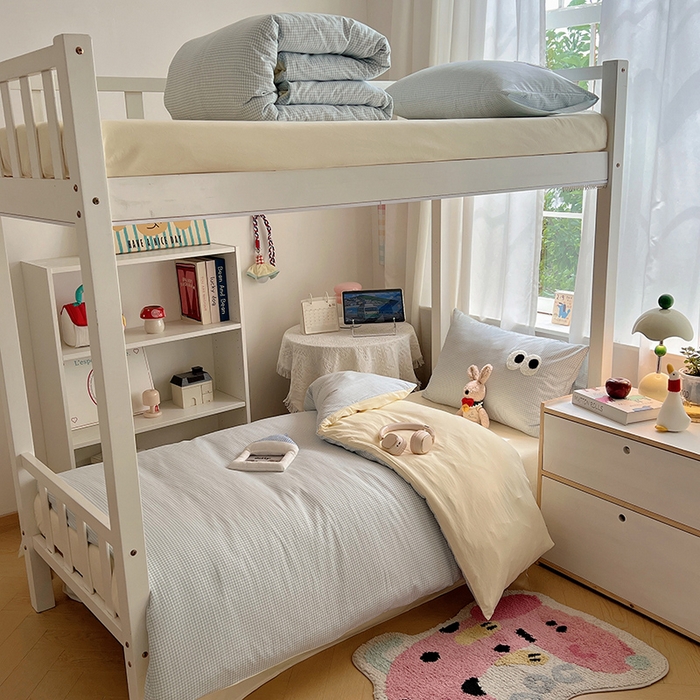 桃心家居 2025新款A类学生床三件套亲肤舒适软糯云柔水洗棉大眼睛毛巾绣混搭格子撞色系列四件套 云柔水洗棉-大眼奶黄小蓝格2