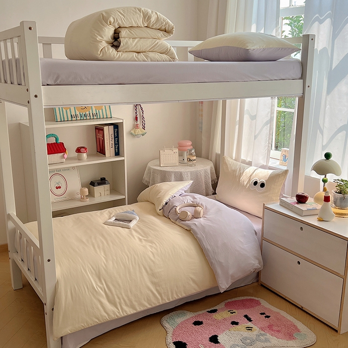 91家纺网 家纺一手货源 找家纺 桃心家居 2025新款A类学生床三件套亲肤舒适软糯云柔水洗棉大眼睛毛巾绣混搭格子撞色系列四件套 云柔水洗棉-大眼奶油葡萄