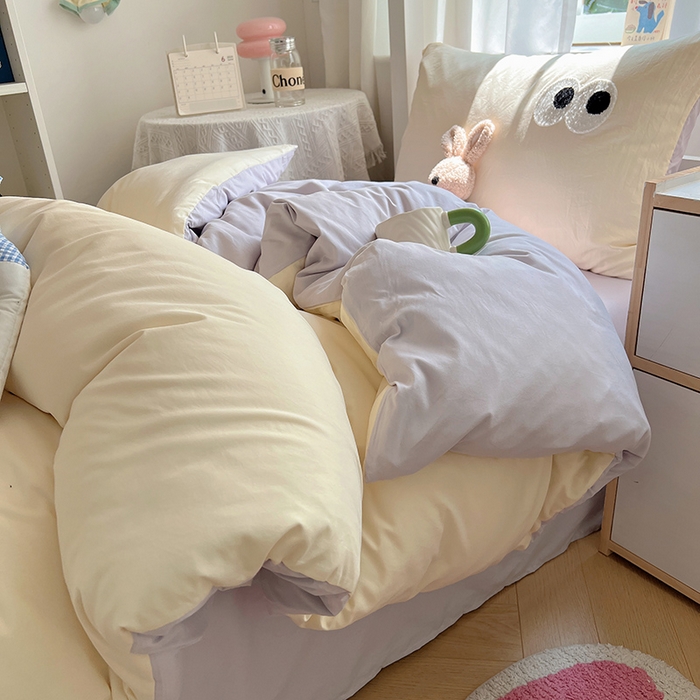 91家纺网 家纺一手货源 找家纺 桃心家居 2025新款A类学生床三件套亲肤舒适软糯云柔水洗棉大眼睛毛巾绣混搭格子撞色系列四件套 云柔水洗棉-大眼奶油葡萄