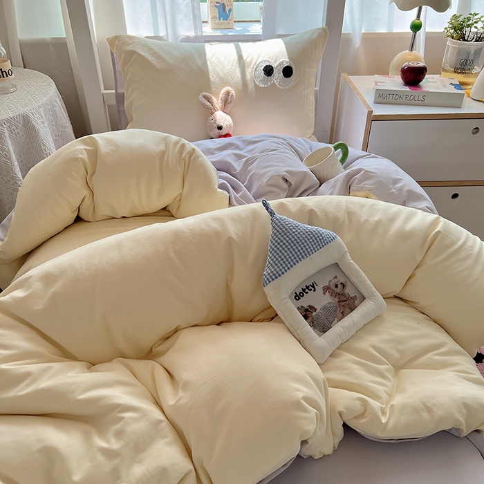 91家纺网 家纺一手货源 找家纺 桃心家居 2025新款A类学生床三件套亲肤舒适软糯云柔水洗棉大眼睛毛巾绣混搭格子撞色系列四件套 云柔水洗棉-大眼奶油葡萄