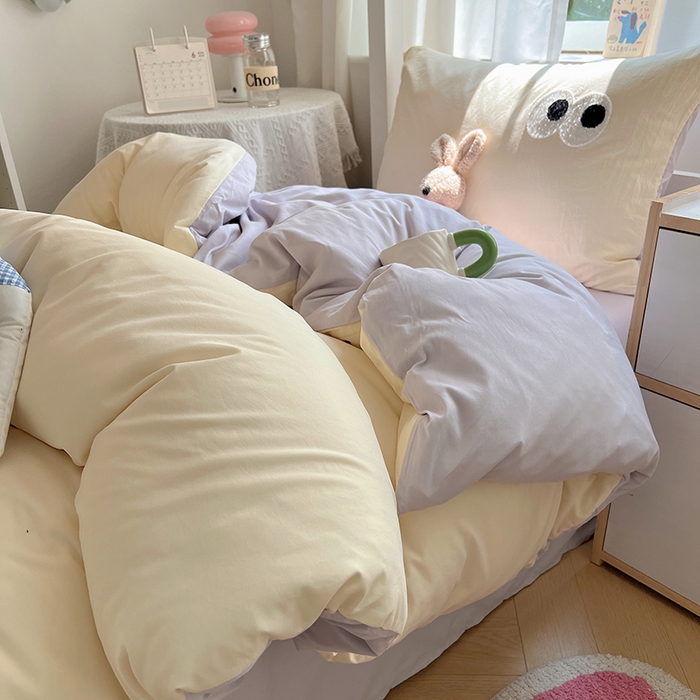 91家纺网 家纺一手货源 找家纺 桃心家居 2025新款A类学生床三件套亲肤舒适软糯云柔水洗棉大眼睛毛巾绣混搭格子撞色系列四件套 云柔水洗棉-大眼奶油葡萄