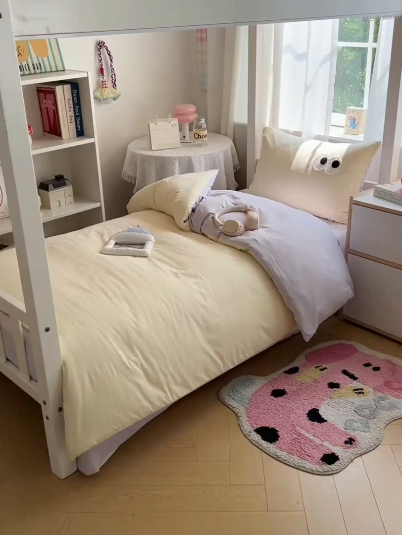 91家纺网 家纺一手货源 找家纺 桃心家居 2025新款A类学生床三件套亲肤舒适软糯云柔水洗棉大眼睛毛巾绣混搭格子撞色系列四件套 云柔水洗棉-大眼奶油葡萄