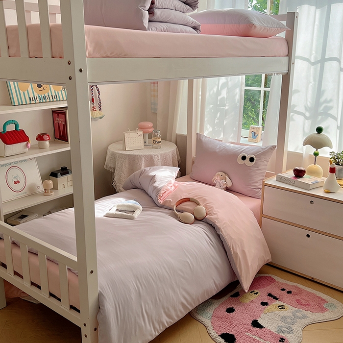 桃心家居 2025新款A类学生床三件套亲肤舒适软糯云柔水洗棉大眼睛毛巾绣混搭格子撞色系列四件套 云柔水洗棉-大眼葡萄粉桃