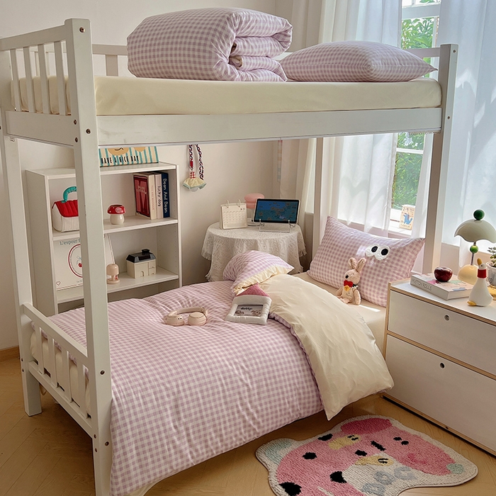 91家纺网 家纺一手货源 找家纺 桃心家居 2025新款A类学生床三件套亲肤舒适软糯云柔水洗棉大眼睛毛巾绣混搭格子撞色系列四件套 云柔水洗棉-大眼紫格奶黄