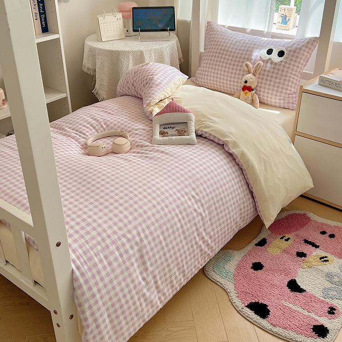 91家纺网 家纺一手货源 找家纺 桃心家居 2025新款A类学生床三件套亲肤舒适软糯云柔水洗棉大眼睛毛巾绣混搭格子撞色系列四件套 云柔水洗棉-大眼紫格奶黄