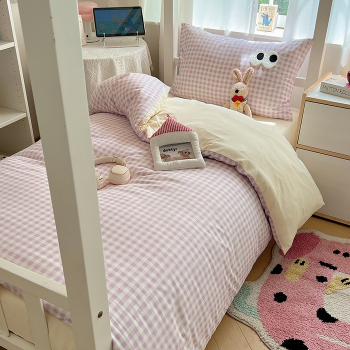 91家纺网 家纺一手货源 找家纺 桃心家居 2025新款A类学生床三件套亲肤舒适软糯云柔水洗棉大眼睛毛巾绣混搭格子撞色系列四件套 云柔水洗棉-大眼紫格奶黄