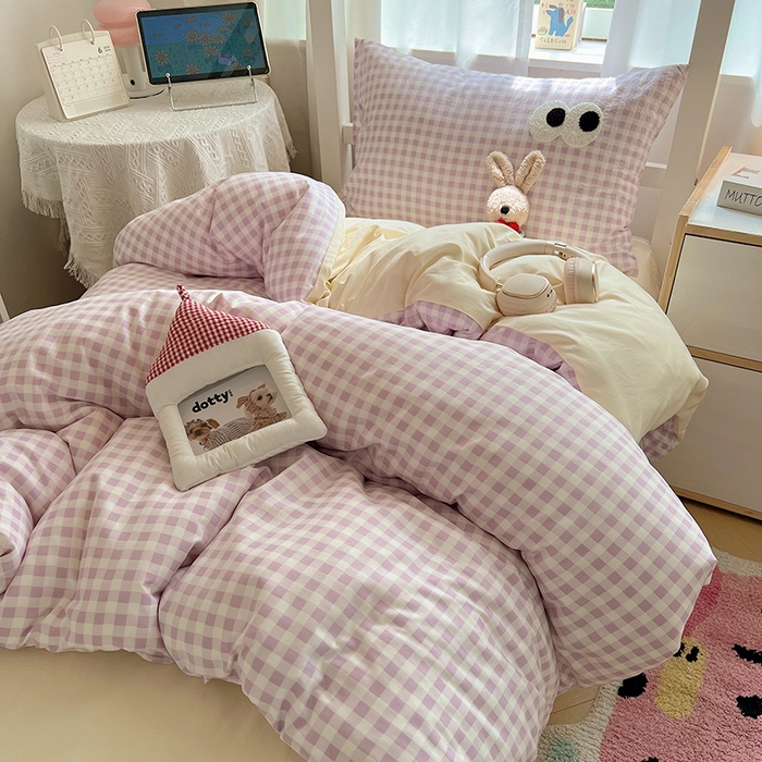 91家纺网 家纺一手货源 找家纺 桃心家居 2025新款A类学生床三件套亲肤舒适软糯云柔水洗棉大眼睛毛巾绣混搭格子撞色系列四件套 云柔水洗棉-大眼紫格奶黄
