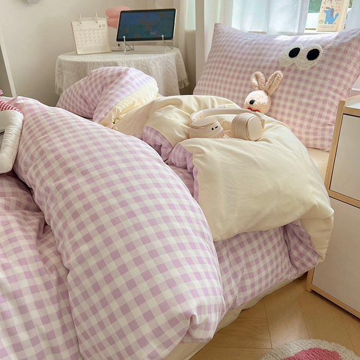 91家纺网 家纺一手货源 找家纺 桃心家居 2025新款A类学生床三件套亲肤舒适软糯云柔水洗棉大眼睛毛巾绣混搭格子撞色系列四件套 云柔水洗棉-大眼紫格奶黄