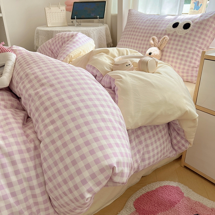 91家纺网 家纺一手货源 找家纺 桃心家居 2025新款A类学生床三件套亲肤舒适软糯云柔水洗棉大眼睛毛巾绣混搭格子撞色系列四件套 云柔水洗棉-大眼紫格奶黄