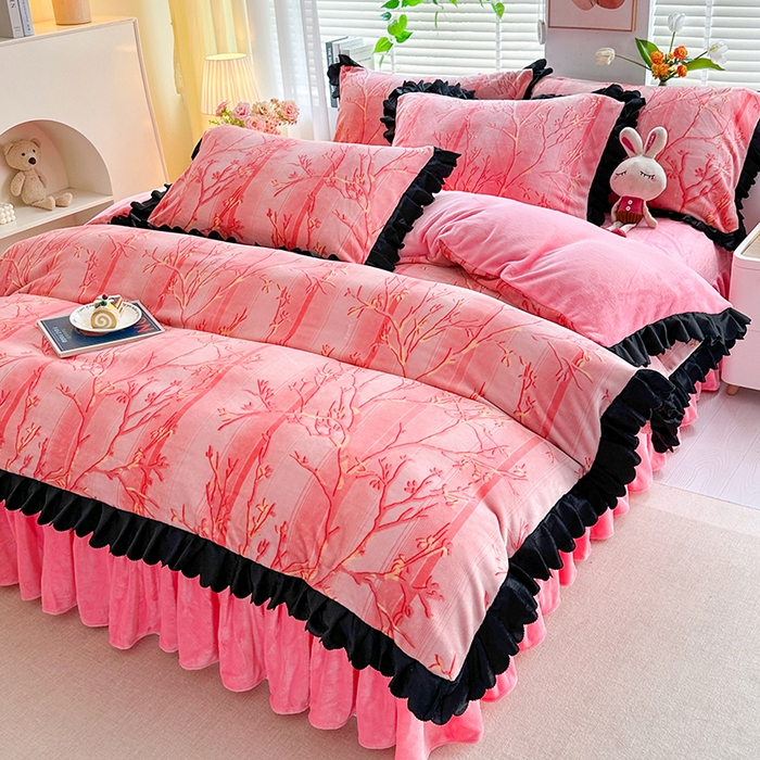 望淮家纺 2025新款韩版牛奶绒四件套 梦幻丛林-粉