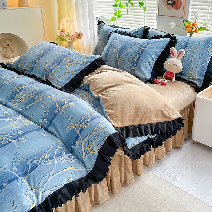 91家纺网 家纺一手货源 找家纺 望淮家纺 2025新款韩版牛奶绒四件套 梦幻丛林-蓝