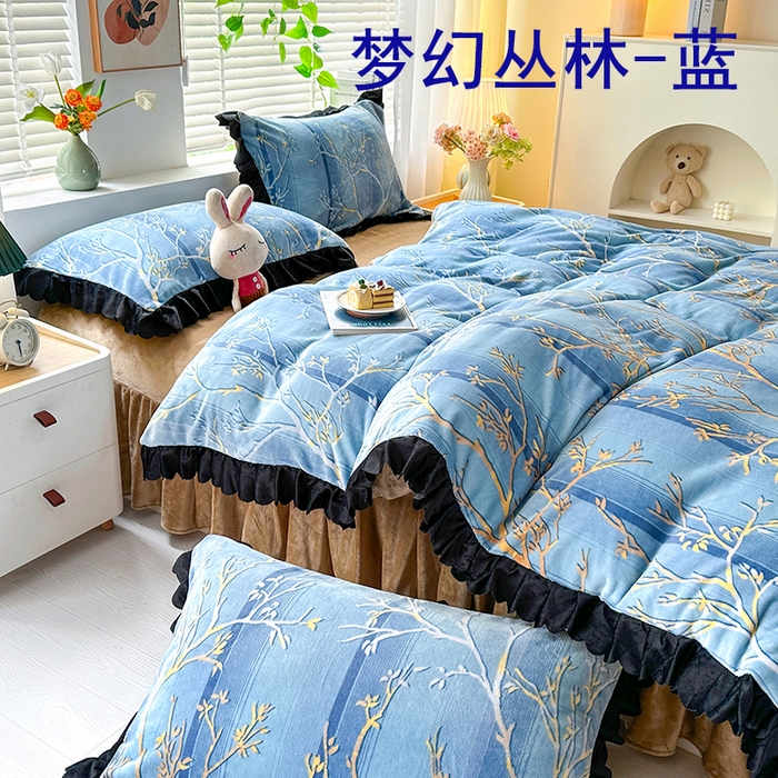 91家纺网 家纺一手货源 找家纺 望淮家纺 2025新款韩版牛奶绒四件套 梦幻丛林-蓝