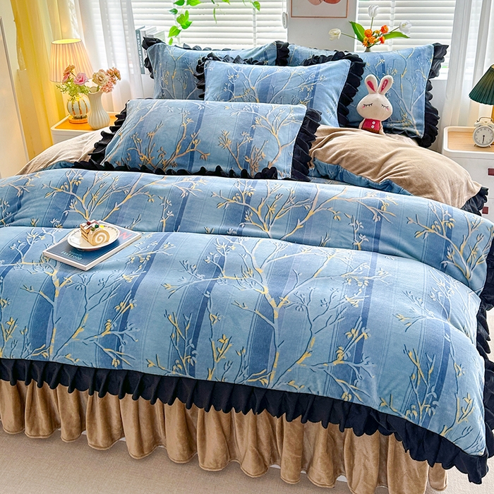 91家纺网 家纺一手货源 找家纺 望淮家纺 2025新款韩版牛奶绒四件套 梦幻丛林-蓝