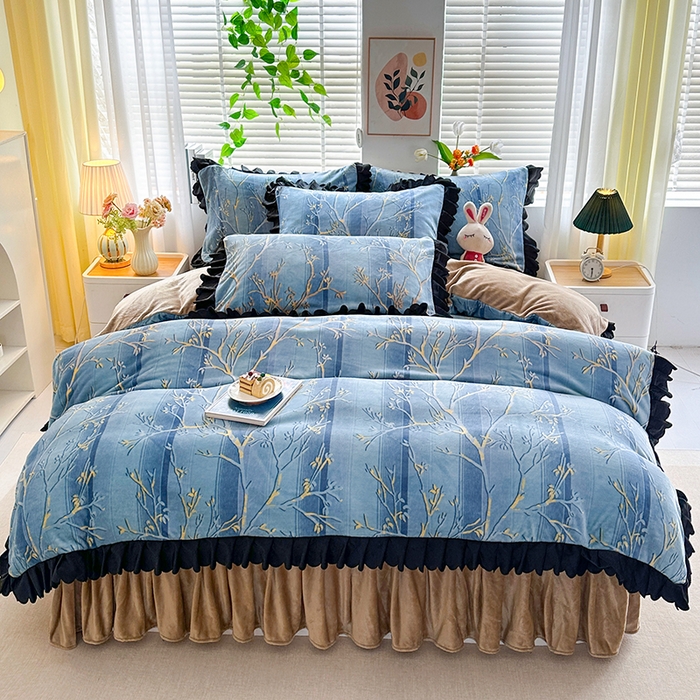 91家纺网 家纺一手货源 找家纺 望淮家纺 2025新款韩版牛奶绒四件套 梦幻丛林-蓝