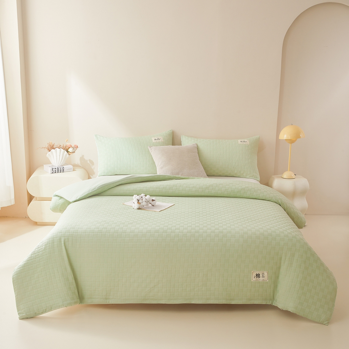 91家纺网 家纺一手货源 找家纺 好睡棉 2025新款华夫格可拆洗新疆棉花被冬被春秋被夏被四季被子被芯 麦田绿
