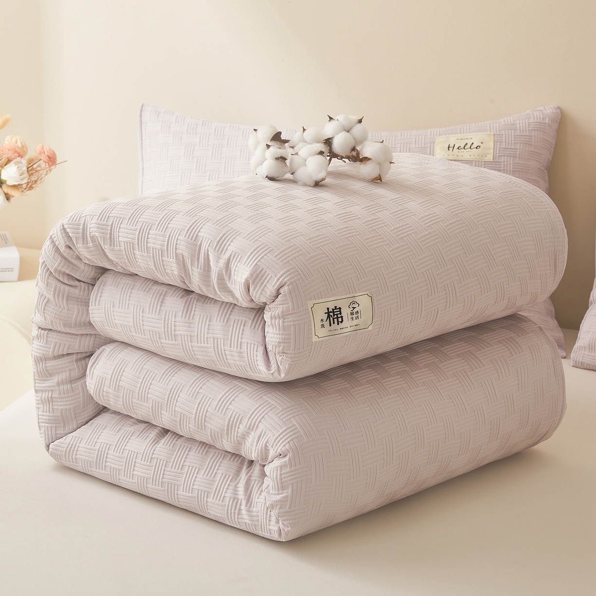 91家纺网 家纺一手货源 找家纺 好睡棉 2025新款华夫格可拆洗新疆棉花被冬被春秋被夏被四季被子被芯 迷雾灰