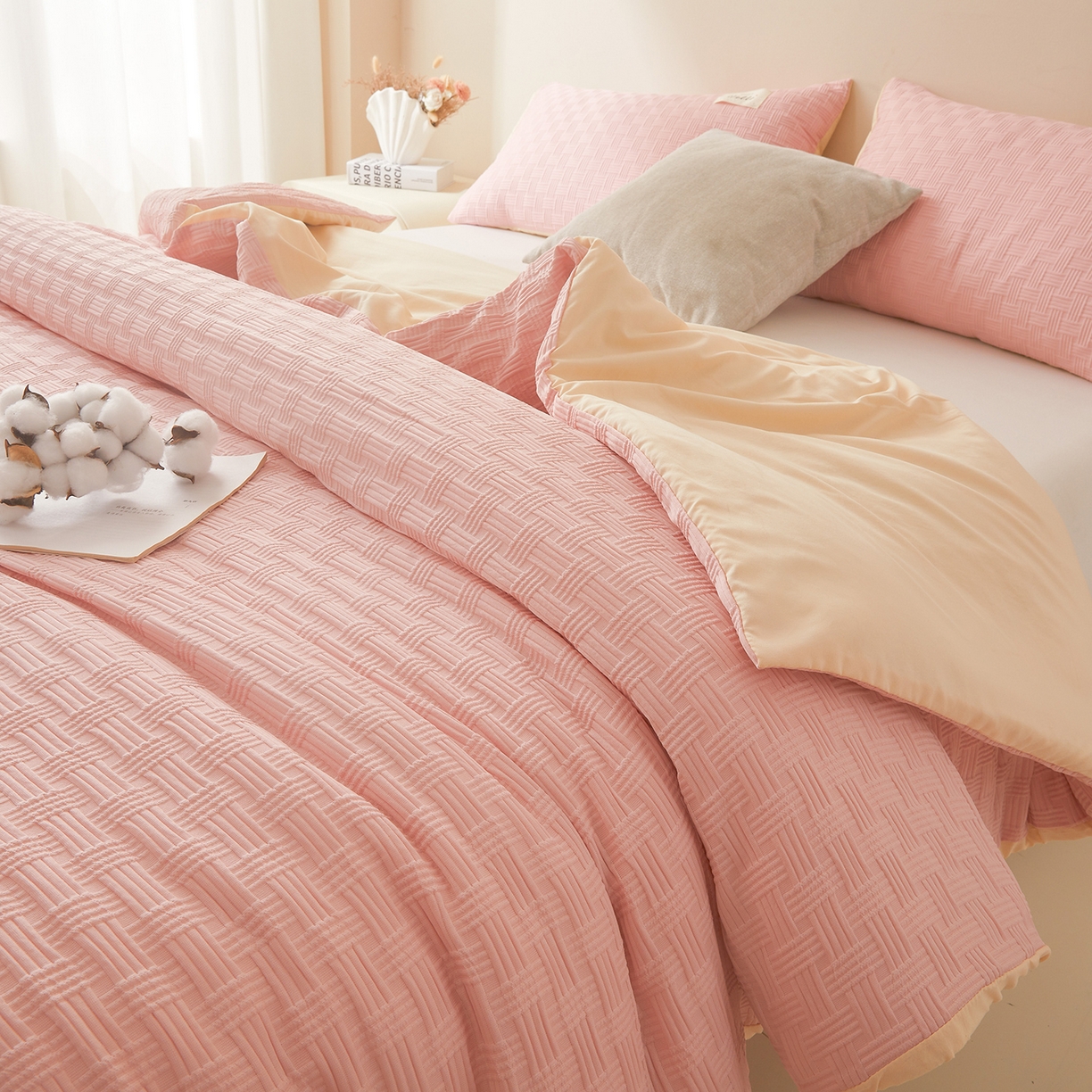 91家纺网 家纺一手货源 找家纺 好睡棉 2025新款华夫格可拆洗新疆棉花被冬被春秋被夏被四季被子被芯 玫瑰粉