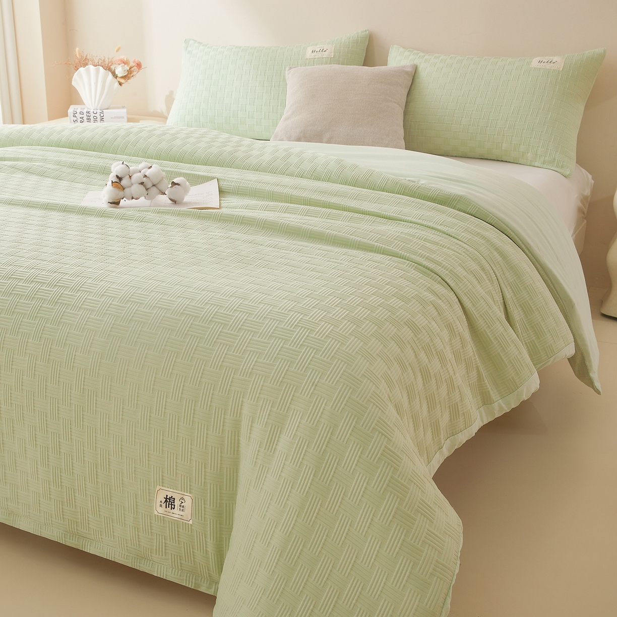 91家纺网 家纺一手货源 找家纺 好睡棉 2025新款华夫格可拆洗新疆棉花被冬被春秋被夏被四季被子被芯 麦田绿
