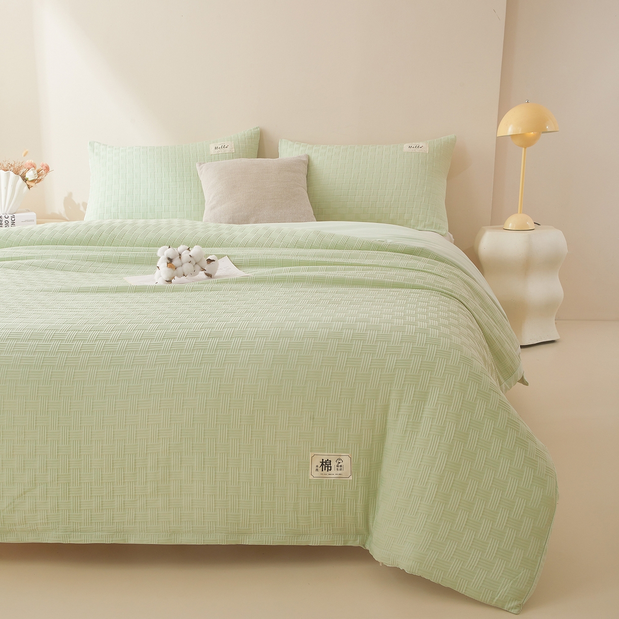 91家纺网 家纺一手货源 找家纺 好睡棉 2025新款华夫格可拆洗新疆棉花被冬被春秋被夏被四季被子被芯 麦田绿