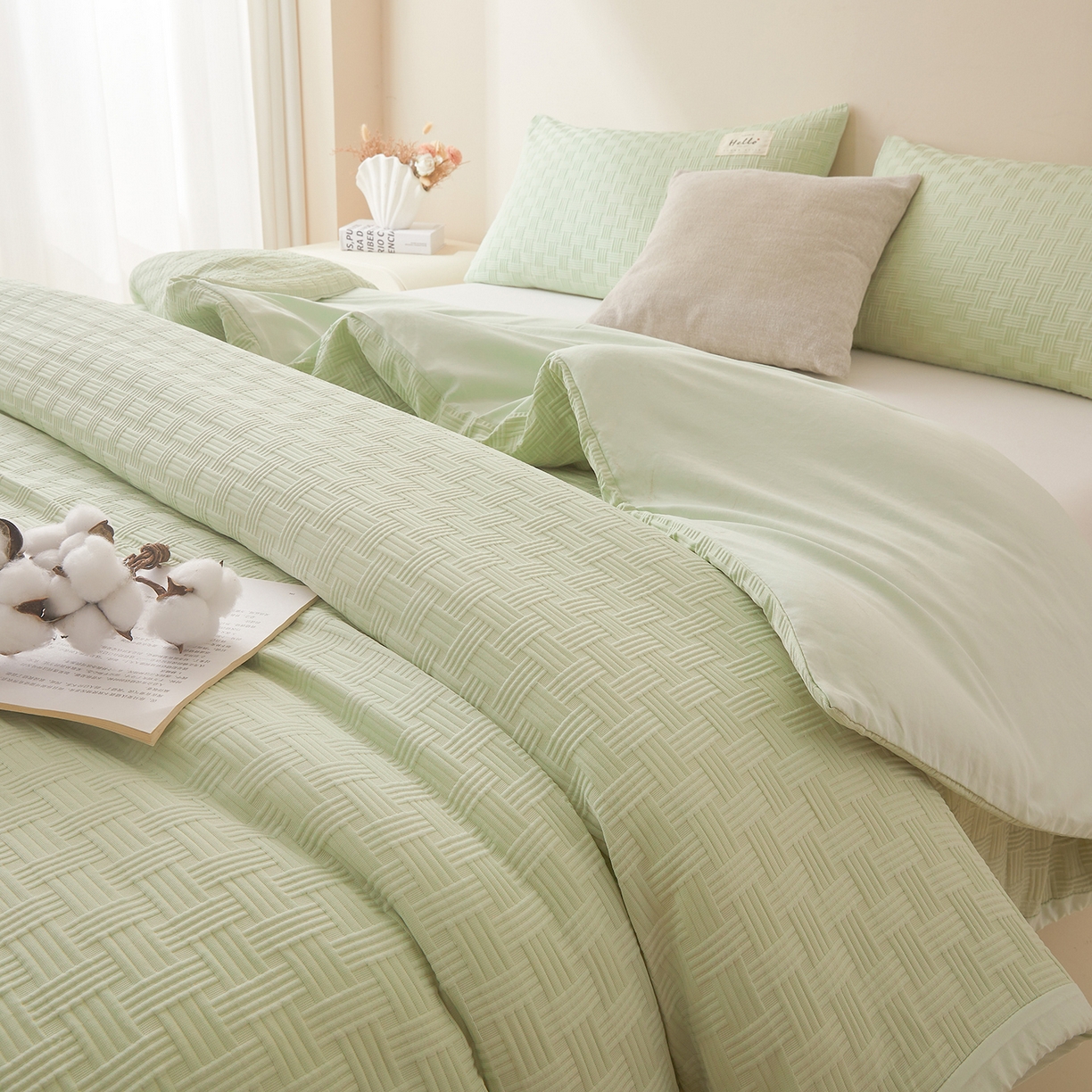 91家纺网 家纺一手货源 找家纺 好睡棉 2025新款华夫格可拆洗新疆棉花被冬被春秋被夏被四季被子被芯 麦田绿